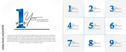 set of anniversary logo with blue number and silver ribbon, handwriting text can be use for celebration
