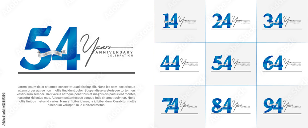set of anniversary logo with blue number and silver ribbon, handwriting text can be use for celebration set of anniversary logo with blue number and silver ribbon, handwriting text can be use for celebration