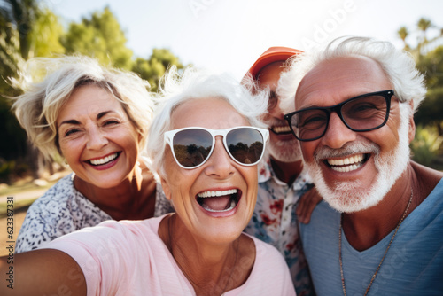 Happy group of senior people taking selfie and smiling at the camera on summer vacation. Pensioners traveling and having fun together on summer holiday