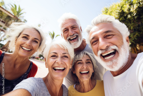 Happy group of senior people taking selfie and smiling at the camera on summer vacation. Pensioners traveling and having fun together on summer holiday