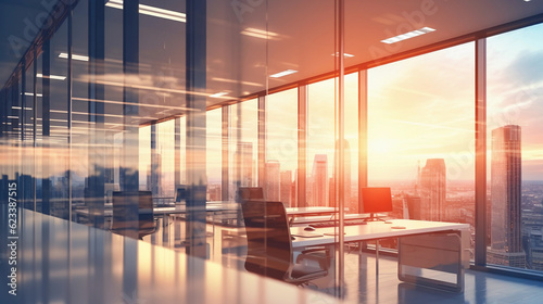 a blurred background of a light modern office interior with panoramic windows and beautiful lighting created by generative AI