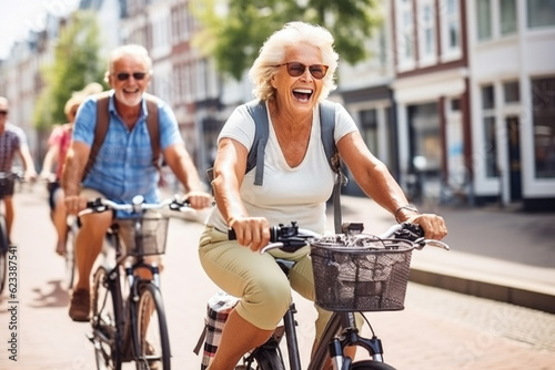 Group of elderly tourists cycling in Amsterdam