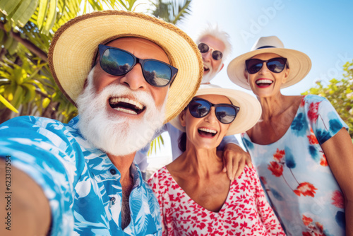 Happy group of senior people taking selfie and smiling at the camera on summer vacation. Pensioners traveling and having fun together on summer holiday © Jasmina