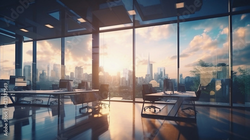 a blurred background of a light modern office interior with panoramic windows and beautiful lighting created by generative AI