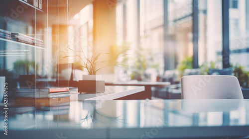 a blurred background of a light modern office interior with panoramic windows and beautiful lighting created by generative AI