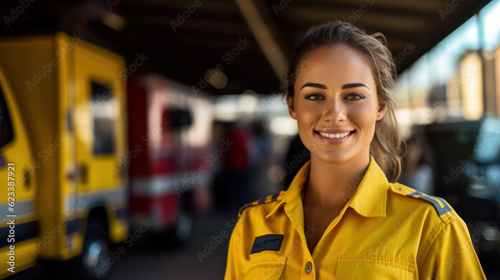 Portrait of a Female EMS Paramedic Proudly Standing in Front of Camera in High Visibility Medical Uniform with Portrait of a Female EMS Paramedic Proudly Standing in Front of Camera in High Visibility Medical Uniform with