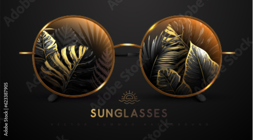 Realistic round shaped summer sunglasses with fluorescent tropic leaves in lenses.  Summer background. Nature concept.  Vector illustration.