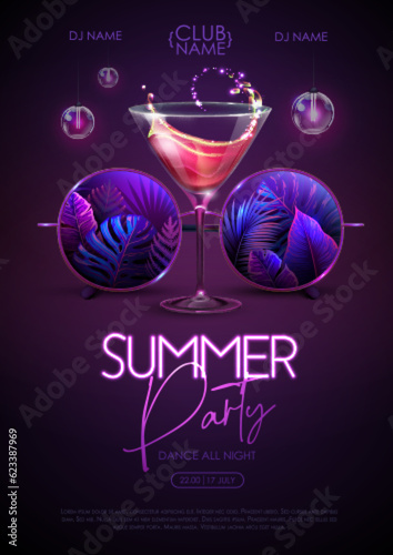 Summer disco party poster with round shaped sunglasses, fluorescent tropic leaves and cocktail. Vector illustration.