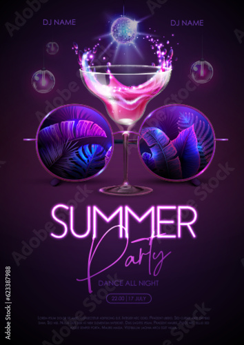 Summer disco party poster with round shaped sunglasses, fluorescent tropic leaves and cocktail. Vector illustration.