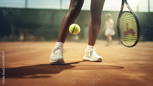 Tennis racket and ball on court, player's legs © PHdJ