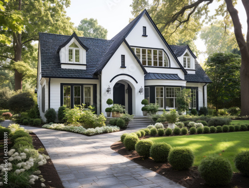 Colonial house exterior featuring painted white trim and black shutters. Generative AI