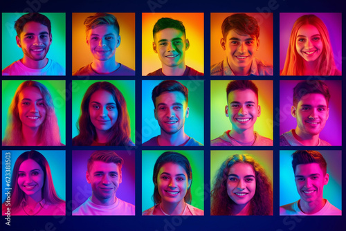 Cropped portraits of a group of people on a multicolored background with neon light. Collage