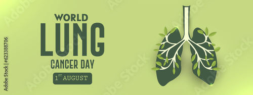 World Lung Cancer Day 1st August with light green leaves  Lung Cancer Concept. Poster and web banner vector design.