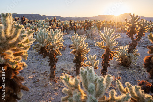 cholla cactus garden from Joshua Tree national park with a warm morning sunlight photo