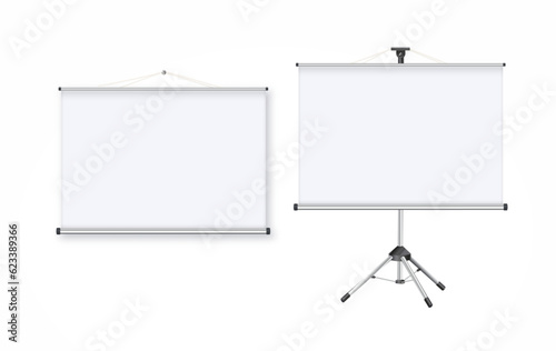 Empty Projection screen, Presentation board in realistic style. Horizontal roll up banner. Blank whiteboard for conference. Vector EPS 10.