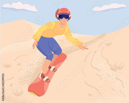 A young woman slides through the dunes on a board. Vector. Sandboarding, an active sport in the desert.