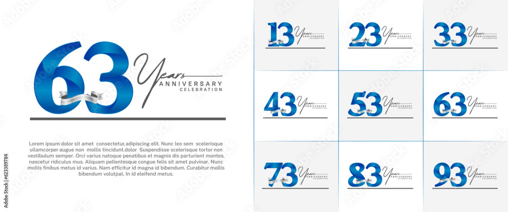 set of anniversary logo with blue number and silver ribbon, handwriting text can be use for celebration set of anniversary logo with blue number and silver ribbon, handwriting text can be use for celebration
