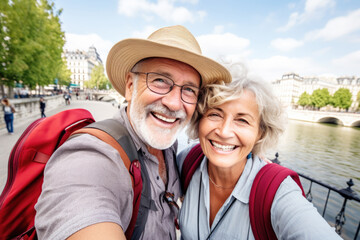 Happy Older Couple take selfie on vacation, Paris in background. Funny senior couple arrive at their vacation spot in Paris France
