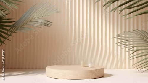 white wooden light colour round shape stage product display mock up display show template design ideas concept ai generate