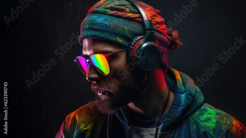 Portrait of man dj in eyewear and headphones on dark background. generative AI