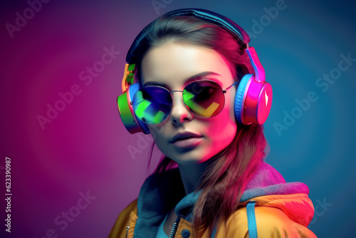 Portrait of woman dj in sunglasses and headphones on colorful background. generative AI