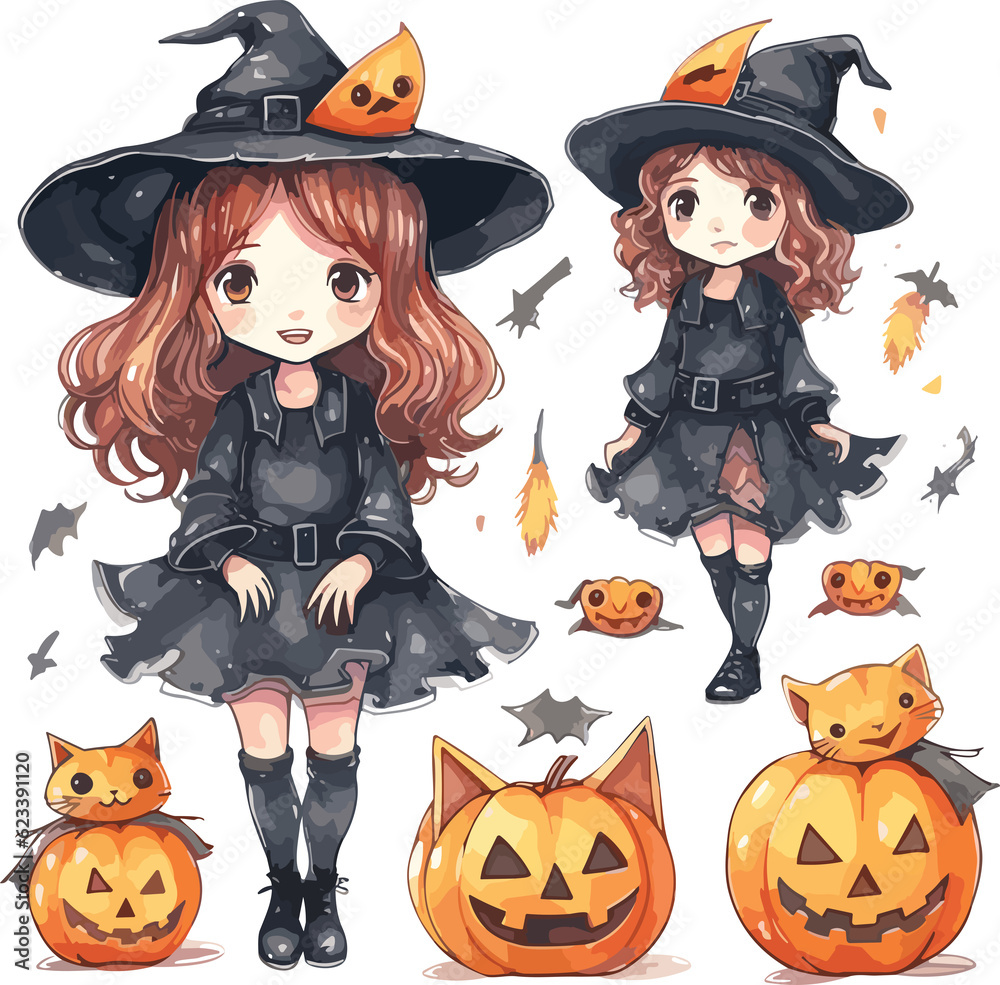 Watercolor Illustration Halloween Witch.GenerativeAI.