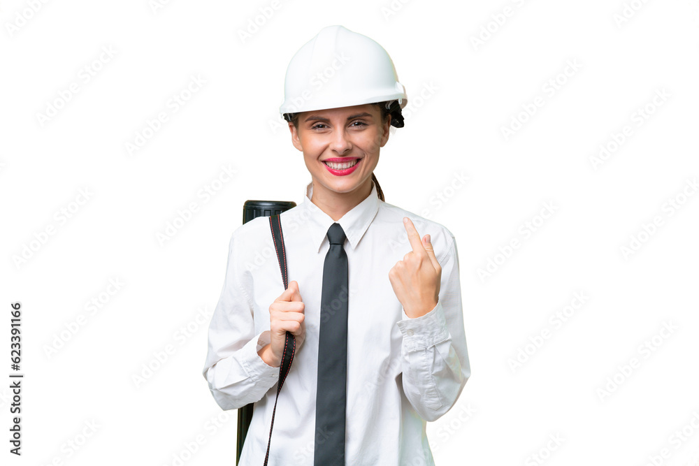 Young architect woman with helmet and holding blueprints over isolated background giving a thumbs up gesture Young architect woman with helmet and holding blueprints over isolated background giving a thumbs up gesture