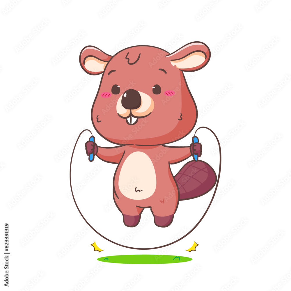 Cute Beaver Cartoon Character jumping rope Mascot vector illustration. Kawaii Adorable Animal Concept Design. Isolated White background. Cute Beaver Cartoon Character jumping rope Mascot vector illustration. Kawaii Adorable Animal Concept Design. Isolated White background.