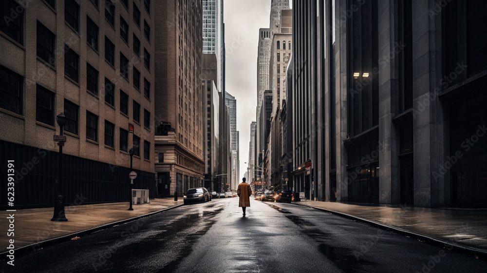 A solitary figure walking down an empty street with tall skyscrapers looming in the background Generative AI