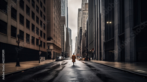 Leinwand Poster A solitary figure walking down an empty street with tall skyscrapers looming in