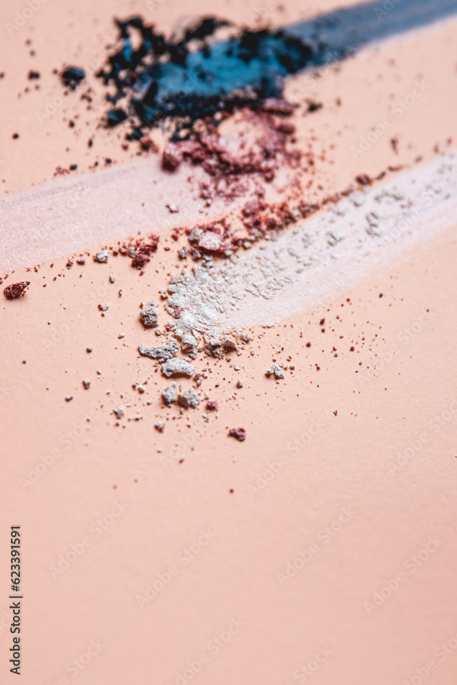 Loose Crumbled Shimmer Eyeshadow Artistic Arrangement Teal, Pink and White on a Nude Shaded Background