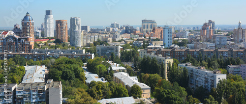 Kyiv panorama photo. Old and modern buildings in the architecture of the center of Pecherskyi district in Kyiv.