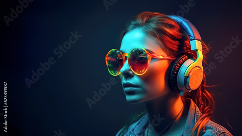 Portrait of woman dj in sunglasses and headphones on dark background. generative AI