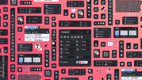 Background of typographic processing tools. Settings for Page Layout and Publishing. Designer bg. Set of icon panels and tools for printing designers. Buttons and icons for polygraphy. Toolbar. Vector photo