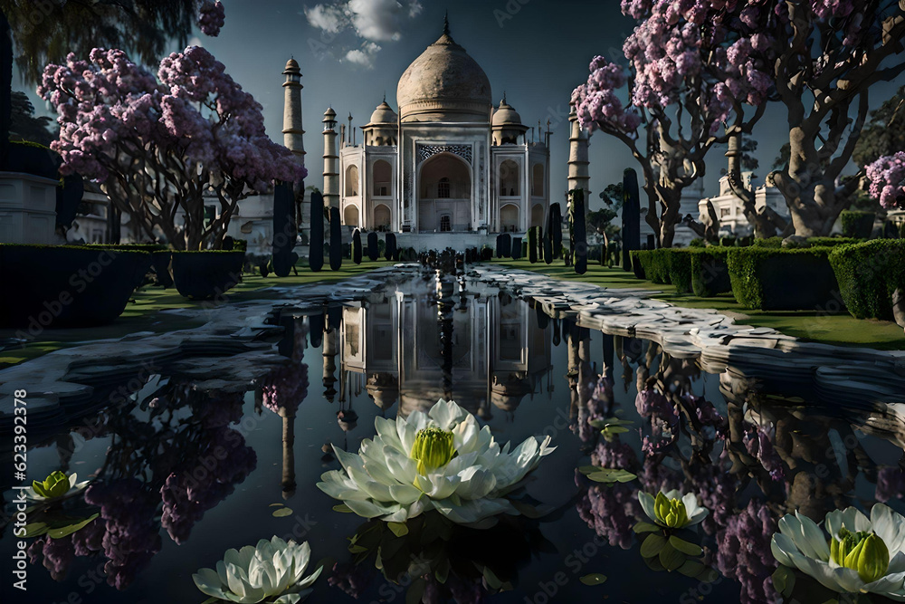 Φωτογραφία imágenes generadas por ordenador del Taj Mahal con preciosos jardines con flores, y lagos de aguas cristalinas