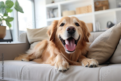 Happy golden retriever dog with sticking out the tongue in the scandinavian interior