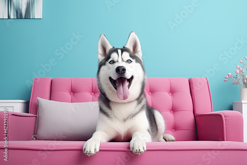 Happy husky dog with sticking out the tongue in the scandinavian interior