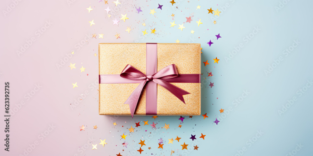 Christmas  gift box on the  pastel background, top view