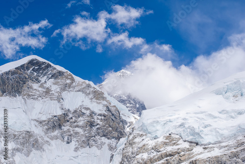 The mighty Mount Everest seen from Everest base camp trek. Snow covered mt. everest summit with a hanging glacier on it. Clear blue skies in the backdrop of highest peak on earth during ebc trek nepal © deepshikha