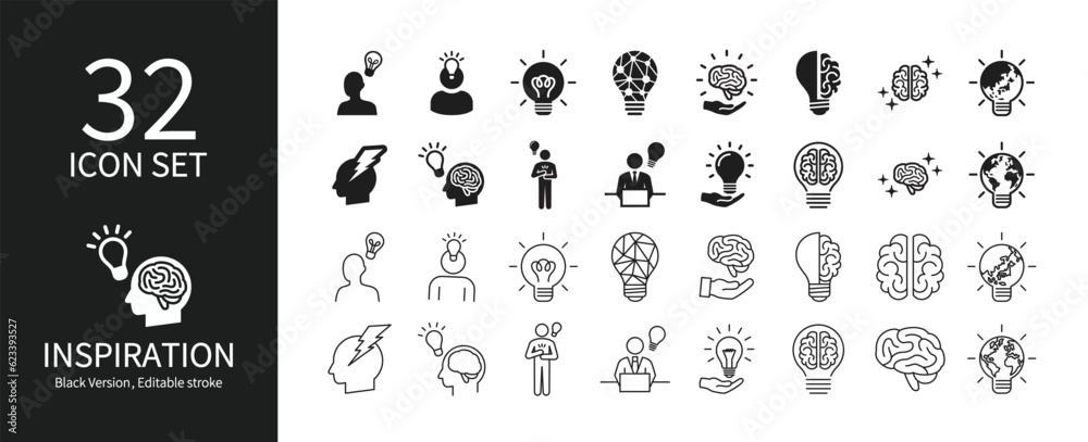 Icon set related to light bulbs and inspiration