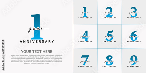 set of anniversary logo with blue number and black handwriting text can be use for celebration