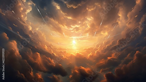 Sunset sky with sun rays and sunset clouds Generative AI