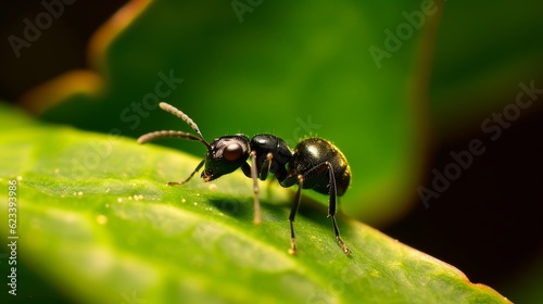 A black ant resting on green leaf Generative AI