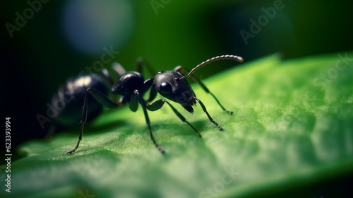 A black ant resting on green leaf Generative AI © Suleyman