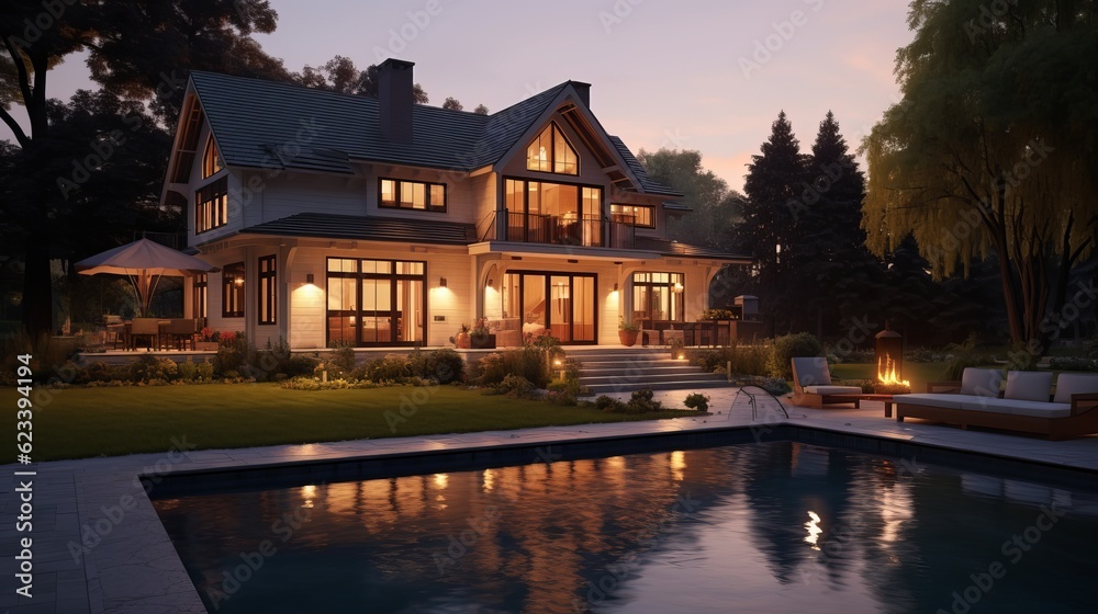 Exterior of home at dusk with pool in foreground Generative AI