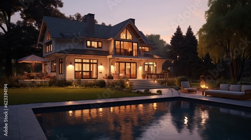 Exterior of home at dusk with pool in foreground Generative AI