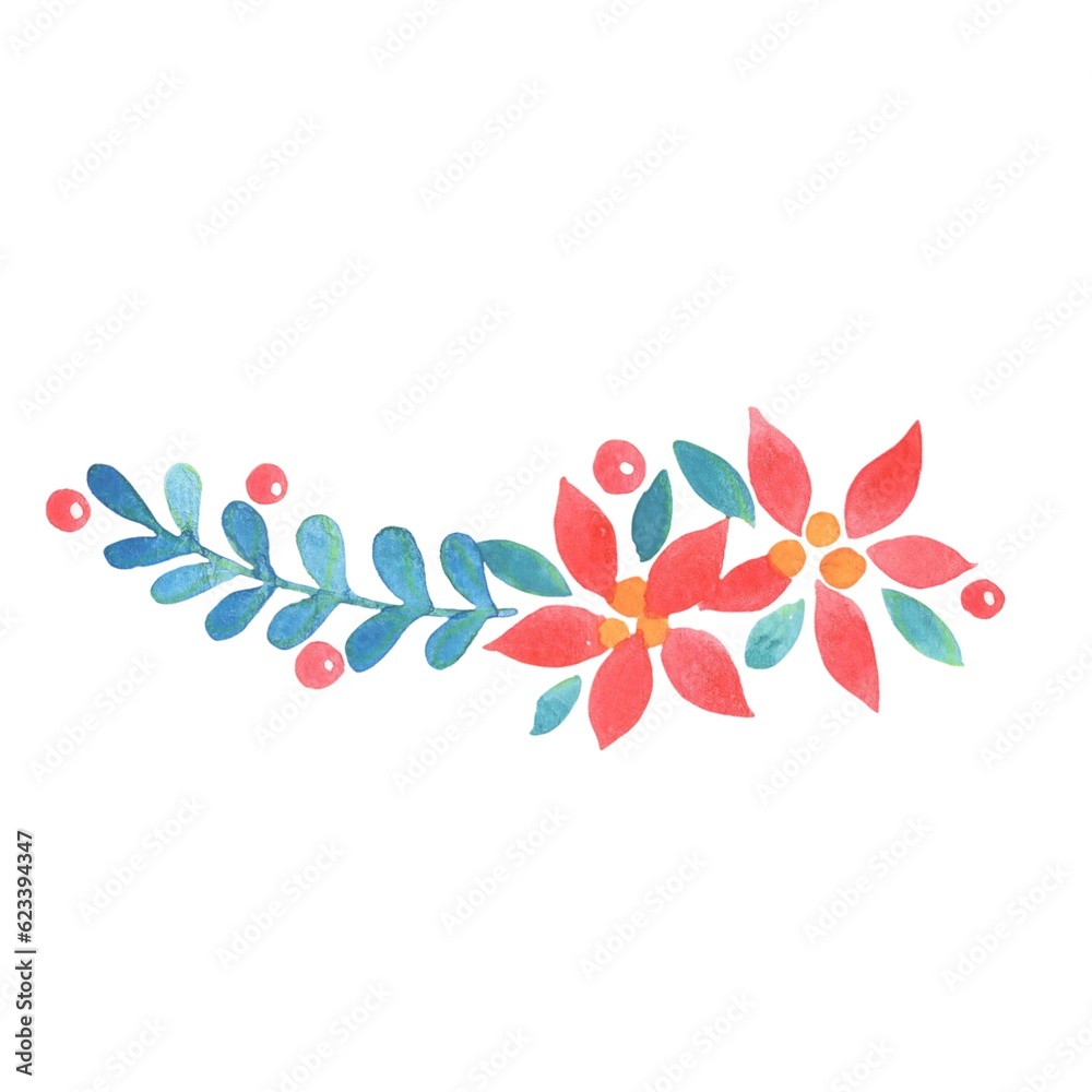 Christmas flower, fern leaves and red berry border watercolor illustration for decoration on Christmas holiday festival. Christmas flower, fern leaves and red berry border watercolor illustration for decoration on Christmas holiday festival.
