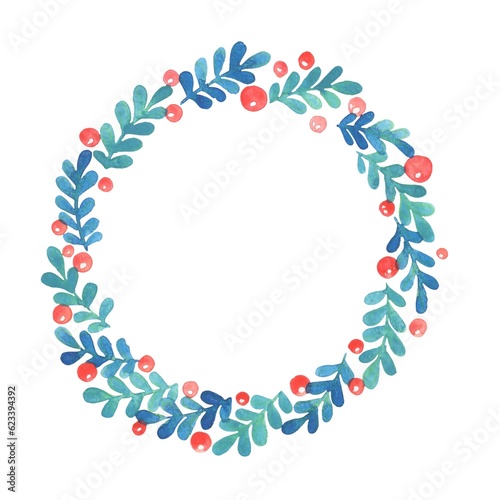 Fern leaves with red berry wreath watercolor for decoration on Christmas holiday event.