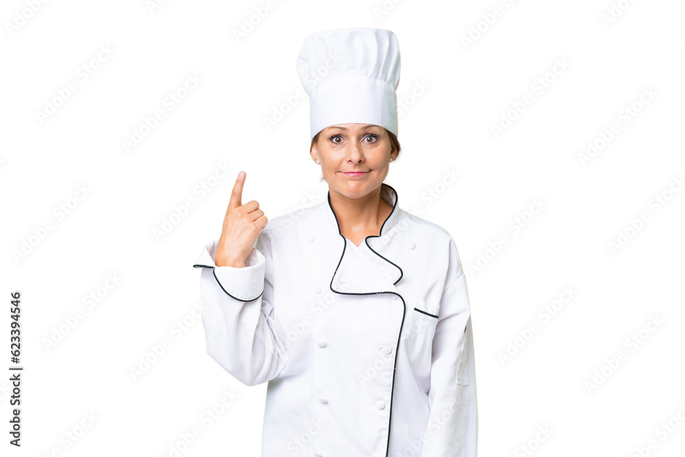 Middle-aged chef woman over isolated background pointing with the index finger a great idea