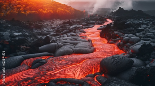 Red Orange vibrant Molten Lava flowing onto grey lavafield and glossy rocky land near hawaiian volcano with vog on background Generative AI